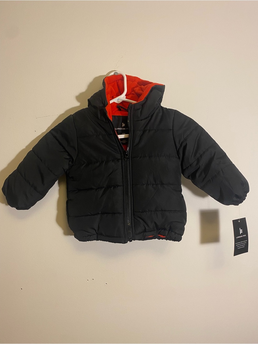 NWT 24M London Fog Black Puffer Jacket wi/Pockets & Red Lining